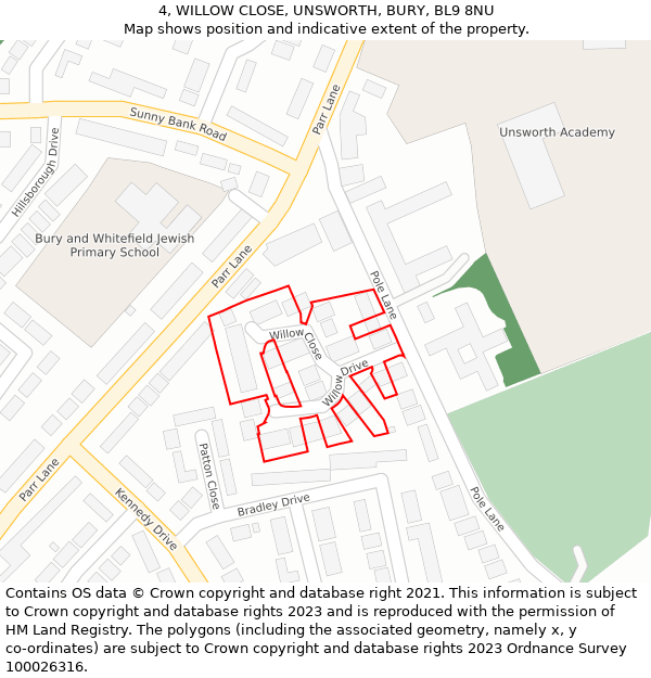 4, WILLOW CLOSE, UNSWORTH, BURY, BL9 8NU: Location map and indicative extent of plot