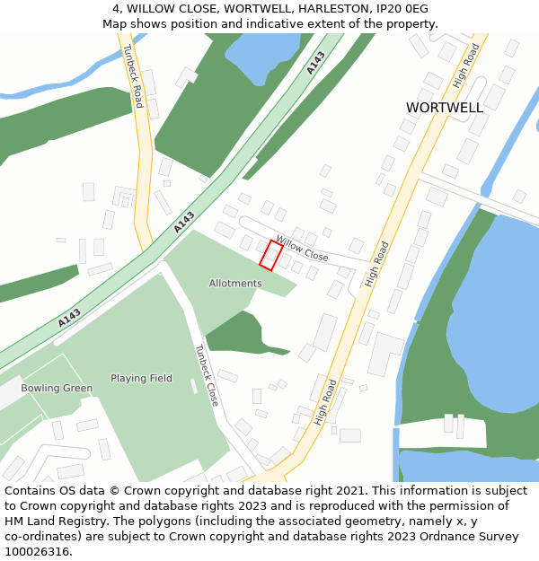 4, WILLOW CLOSE, WORTWELL, HARLESTON, IP20 0EG: Location map and indicative extent of plot
