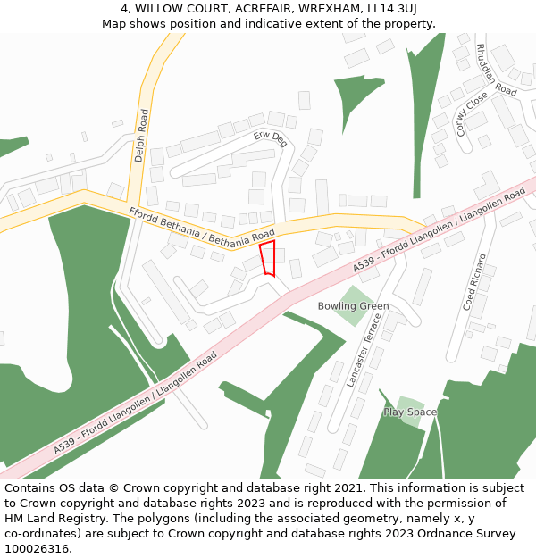 4, WILLOW COURT, ACREFAIR, WREXHAM, LL14 3UJ: Location map and indicative extent of plot