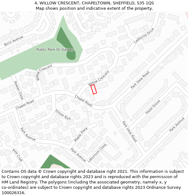 4, WILLOW CRESCENT, CHAPELTOWN, SHEFFIELD, S35 1QS: Location map and indicative extent of plot