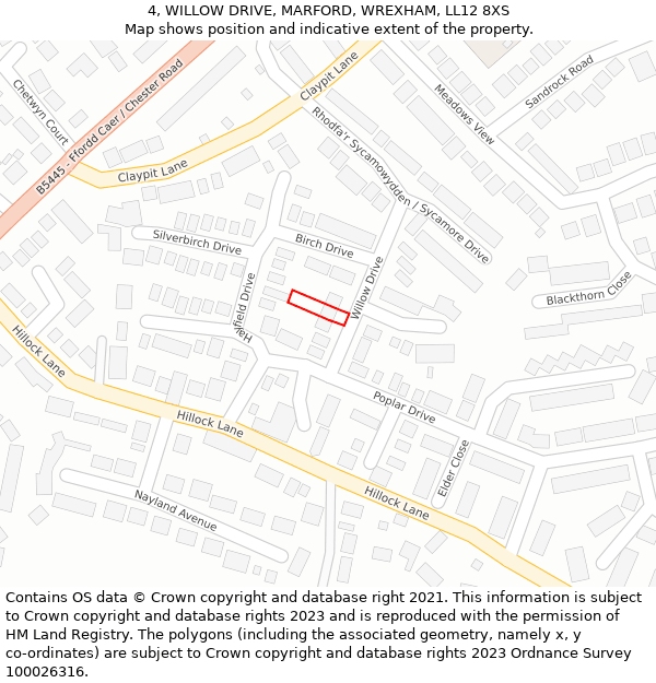 4, WILLOW DRIVE, MARFORD, WREXHAM, LL12 8XS: Location map and indicative extent of plot