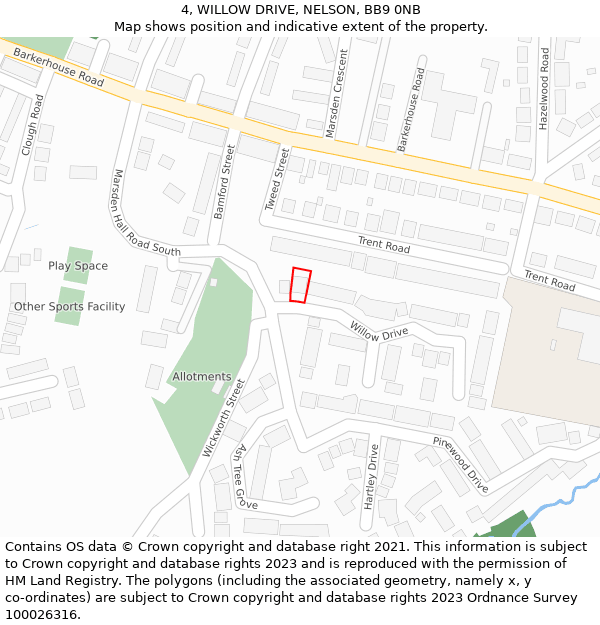 4, WILLOW DRIVE, NELSON, BB9 0NB: Location map and indicative extent of plot