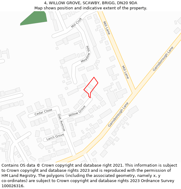 4, WILLOW GROVE, SCAWBY, BRIGG, DN20 9DA: Location map and indicative extent of plot