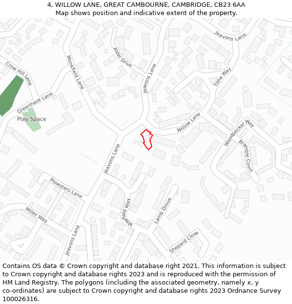 4, WILLOW LANE, GREAT CAMBOURNE, CAMBRIDGE, CB23 6AA: Location map and indicative extent of plot