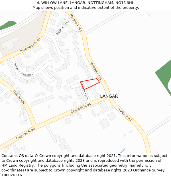 4, WILLOW LANE, LANGAR, NOTTINGHAM, NG13 9HL: Location map and indicative extent of plot