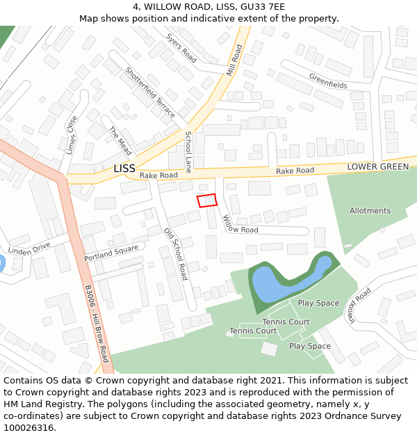 4, WILLOW ROAD, LISS, GU33 7EE: Location map and indicative extent of plot