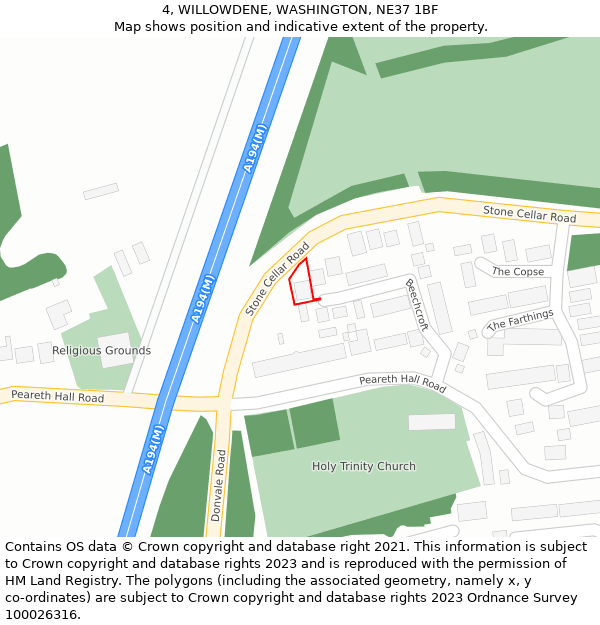 4, WILLOWDENE, WASHINGTON, NE37 1BF: Location map and indicative extent of plot