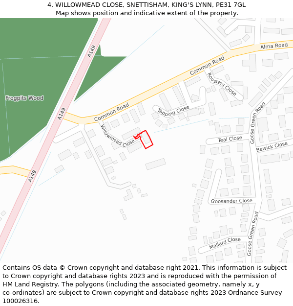 4, WILLOWMEAD CLOSE, SNETTISHAM, KING'S LYNN, PE31 7GL: Location map and indicative extent of plot