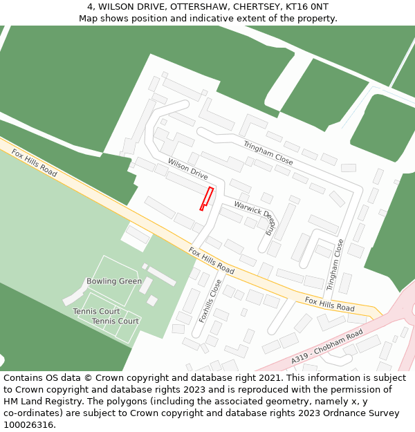 4, WILSON DRIVE, OTTERSHAW, CHERTSEY, KT16 0NT: Location map and indicative extent of plot
