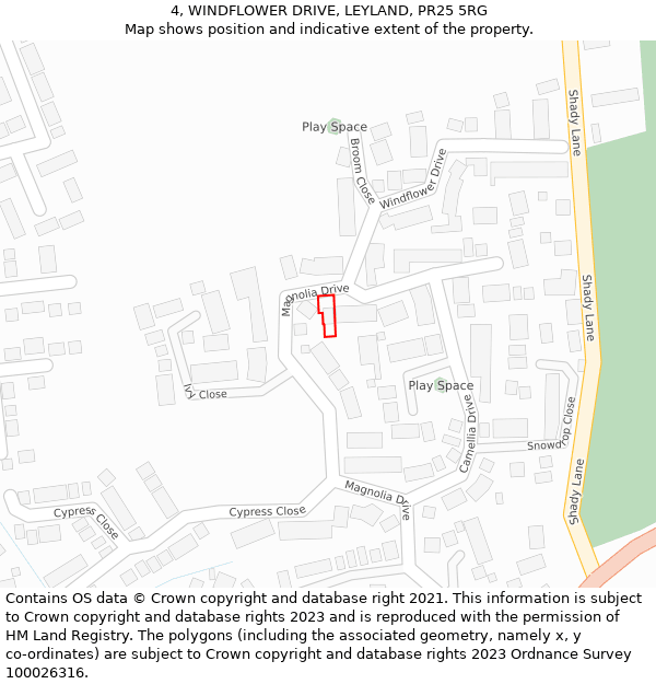 4, WINDFLOWER DRIVE, LEYLAND, PR25 5RG: Location map and indicative extent of plot