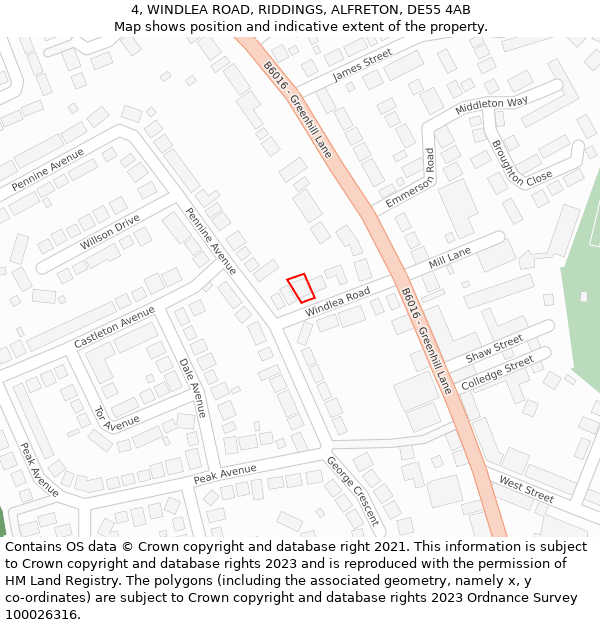 4, WINDLEA ROAD, RIDDINGS, ALFRETON, DE55 4AB: Location map and indicative extent of plot