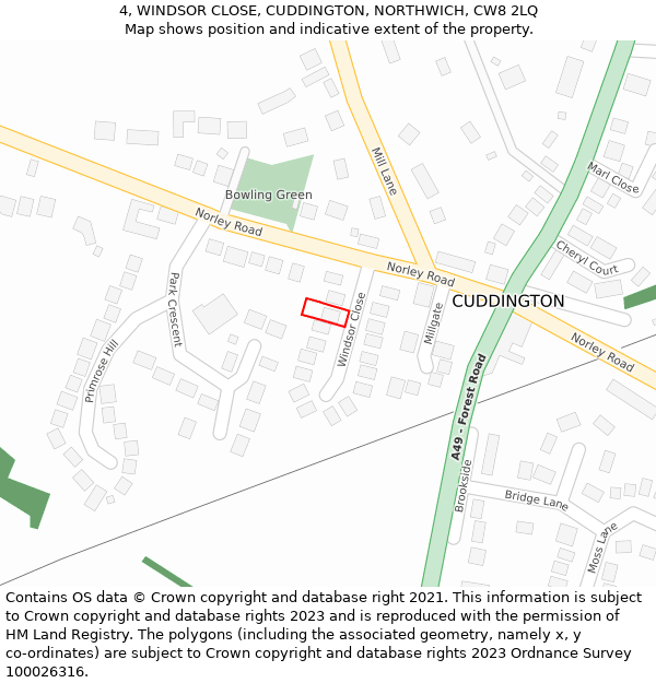 4, WINDSOR CLOSE, CUDDINGTON, NORTHWICH, CW8 2LQ: Location map and indicative extent of plot