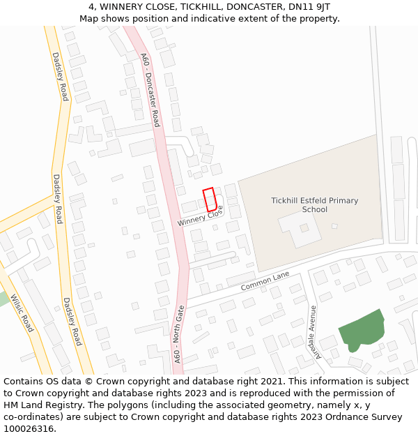 4, WINNERY CLOSE, TICKHILL, DONCASTER, DN11 9JT: Location map and indicative extent of plot