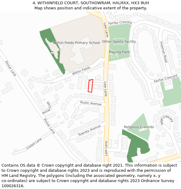 4, WITHINFIELD COURT, SOUTHOWRAM, HALIFAX, HX3 9UH: Location map and indicative extent of plot