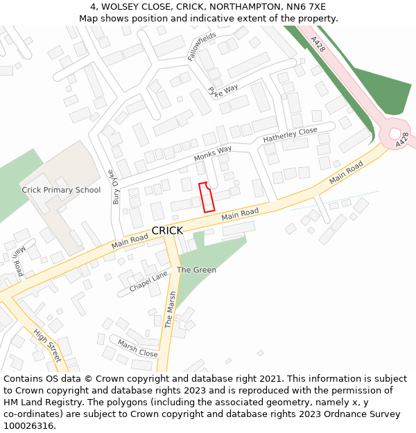 4, WOLSEY CLOSE, CRICK, NORTHAMPTON, NN6 7XE: Location map and indicative extent of plot