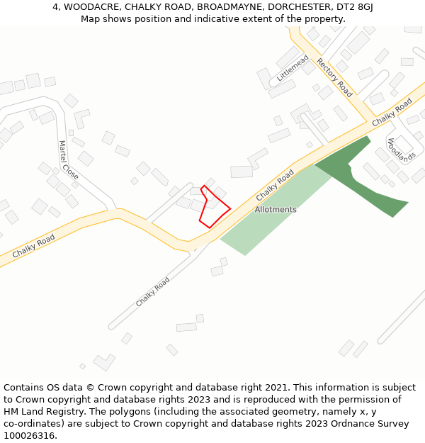 4, WOODACRE, CHALKY ROAD, BROADMAYNE, DORCHESTER, DT2 8GJ: Location map and indicative extent of plot
