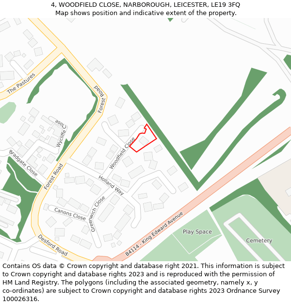 4, WOODFIELD CLOSE, NARBOROUGH, LEICESTER, LE19 3FQ: Location map and indicative extent of plot