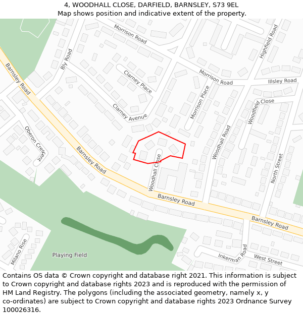 4, WOODHALL CLOSE, DARFIELD, BARNSLEY, S73 9EL: Location map and indicative extent of plot