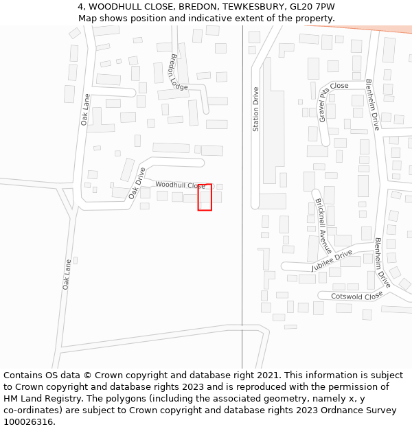 4, WOODHULL CLOSE, BREDON, TEWKESBURY, GL20 7PW: Location map and indicative extent of plot