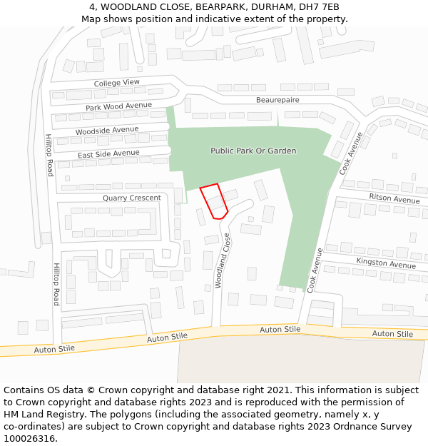 4, WOODLAND CLOSE, BEARPARK, DURHAM, DH7 7EB: Location map and indicative extent of plot