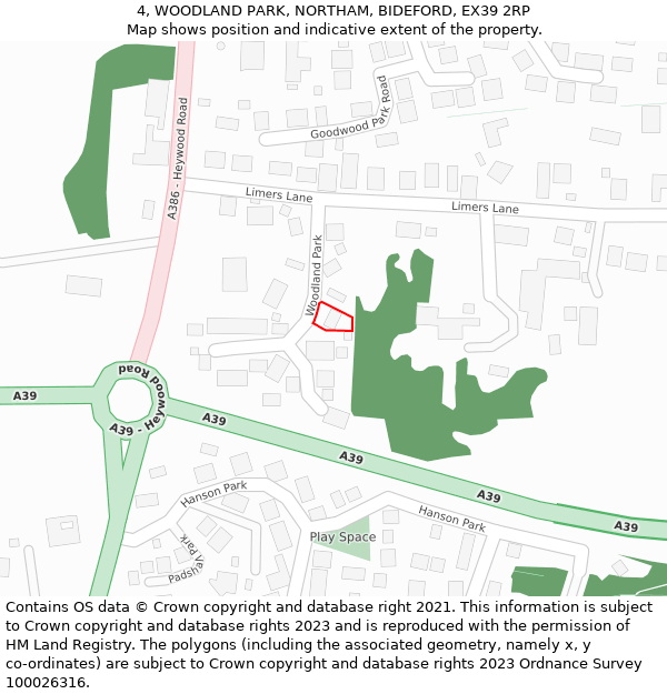 4, WOODLAND PARK, NORTHAM, BIDEFORD, EX39 2RP: Location map and indicative extent of plot