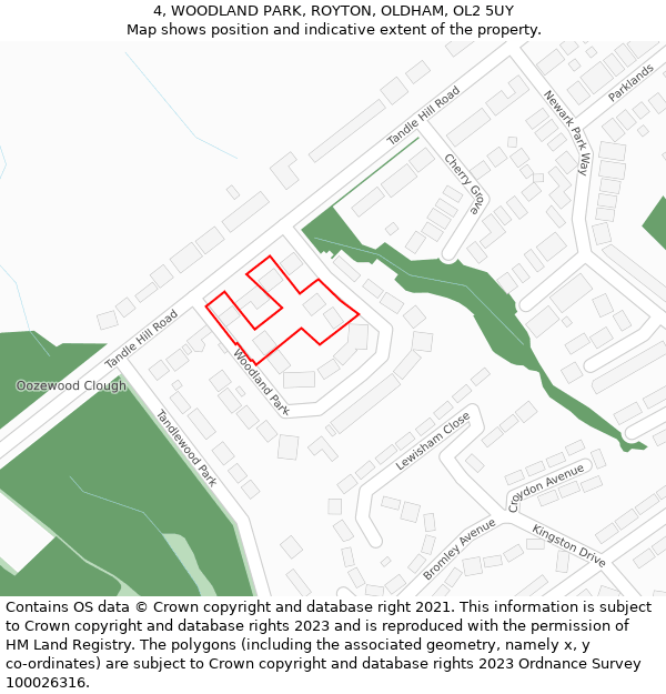 4, WOODLAND PARK, ROYTON, OLDHAM, OL2 5UY: Location map and indicative extent of plot