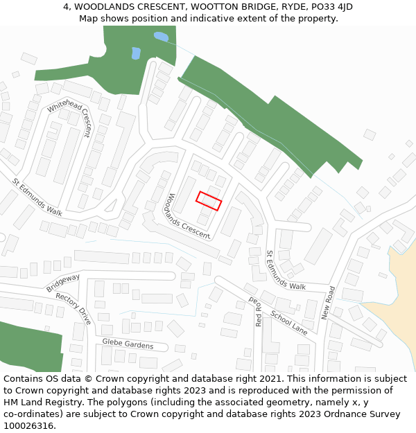 4, WOODLANDS CRESCENT, WOOTTON BRIDGE, RYDE, PO33 4JD: Location map and indicative extent of plot