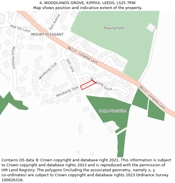 4, WOODLANDS GROVE, KIPPAX, LEEDS, LS25 7RW: Location map and indicative extent of plot