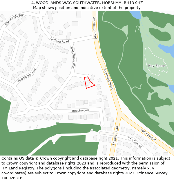 4, WOODLANDS WAY, SOUTHWATER, HORSHAM, RH13 9HZ: Location map and indicative extent of plot