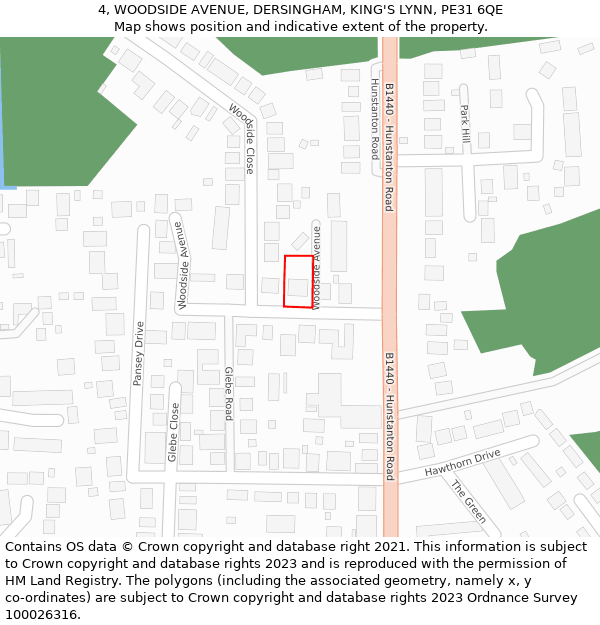4, WOODSIDE AVENUE, DERSINGHAM, KING'S LYNN, PE31 6QE: Location map and indicative extent of plot