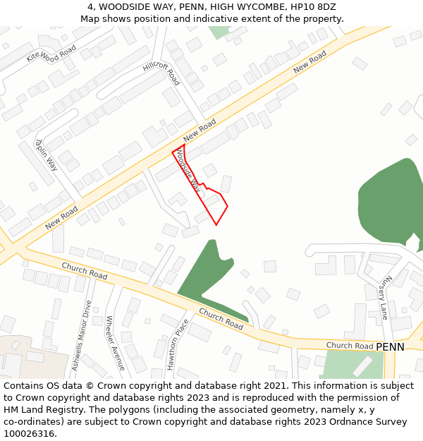 4, WOODSIDE WAY, PENN, HIGH WYCOMBE, HP10 8DZ: Location map and indicative extent of plot