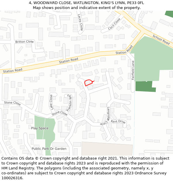 4, WOODWARD CLOSE, WATLINGTON, KING'S LYNN, PE33 0FL: Location map and indicative extent of plot