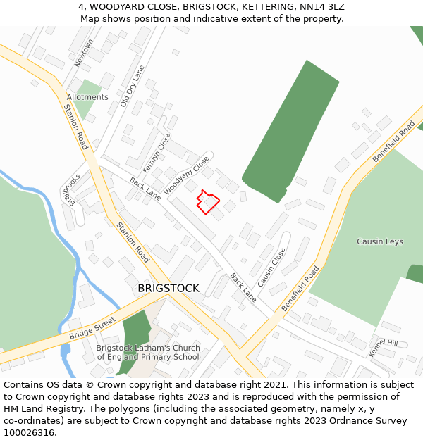 4, WOODYARD CLOSE, BRIGSTOCK, KETTERING, NN14 3LZ: Location map and indicative extent of plot