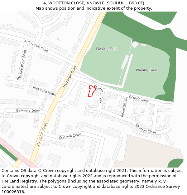 4, WOOTTON CLOSE, KNOWLE, SOLIHULL, B93 0EJ: Location map and indicative extent of plot