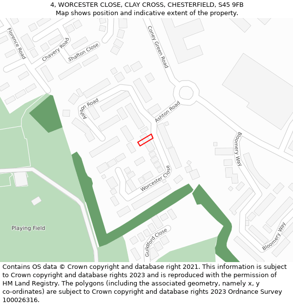 4, WORCESTER CLOSE, CLAY CROSS, CHESTERFIELD, S45 9FB: Location map and indicative extent of plot