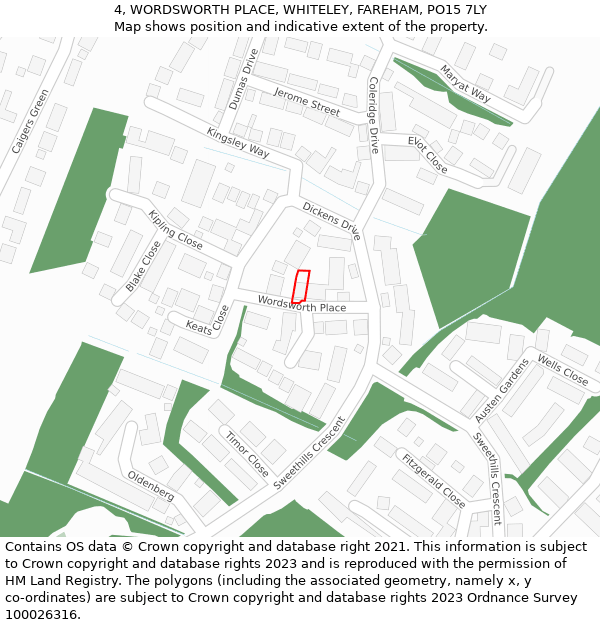 4, WORDSWORTH PLACE, WHITELEY, FAREHAM, PO15 7LY: Location map and indicative extent of plot