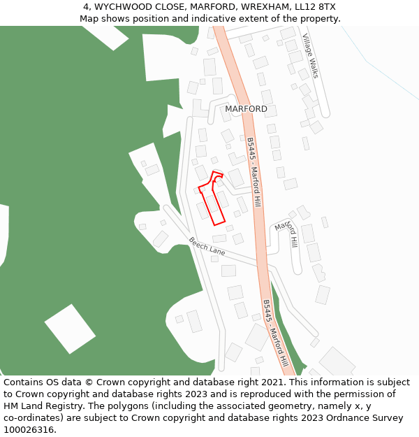 4, WYCHWOOD CLOSE, MARFORD, WREXHAM, LL12 8TX: Location map and indicative extent of plot