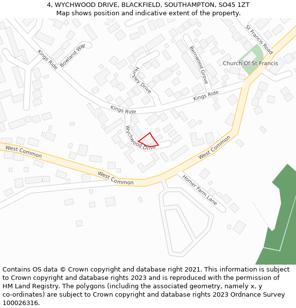 4, WYCHWOOD DRIVE, BLACKFIELD, SOUTHAMPTON, SO45 1ZT: Location map and indicative extent of plot