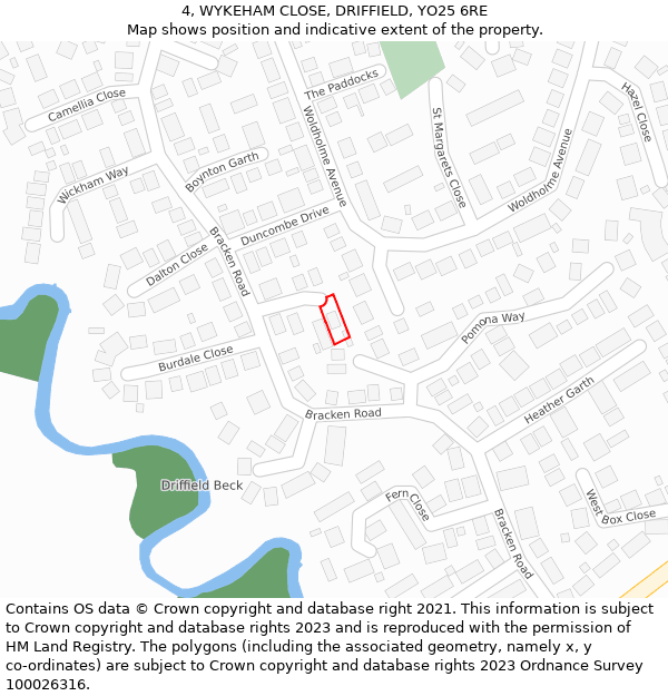 4, WYKEHAM CLOSE, DRIFFIELD, YO25 6RE: Location map and indicative extent of plot