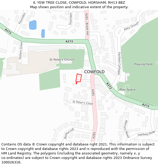 4, YEW TREE CLOSE, COWFOLD, HORSHAM, RH13 8BZ: Location map and indicative extent of plot