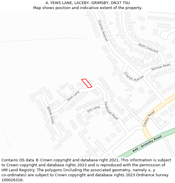 4, YEWS LANE, LACEBY, GRIMSBY, DN37 7SU: Location map and indicative extent of plot