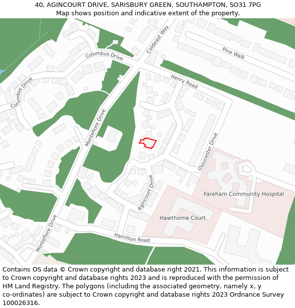 40, AGINCOURT DRIVE, SARISBURY GREEN, SOUTHAMPTON, SO31 7PG: Location map and indicative extent of plot