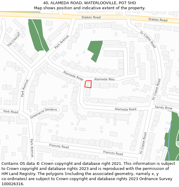 40, ALAMEDA ROAD, WATERLOOVILLE, PO7 5HD: Location map and indicative extent of plot