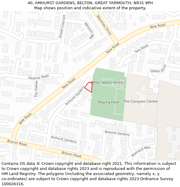 40, AMHURST GARDENS, BELTON, GREAT YARMOUTH, NR31 9PH: Location map and indicative extent of plot