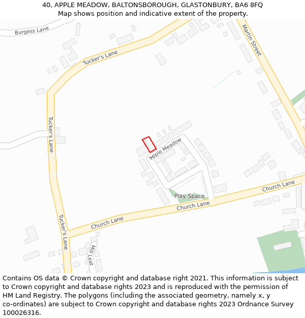 40, APPLE MEADOW, BALTONSBOROUGH, GLASTONBURY, BA6 8FQ: Location map and indicative extent of plot