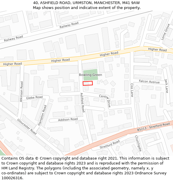 40, ASHFIELD ROAD, URMSTON, MANCHESTER, M41 9AW: Location map and indicative extent of plot