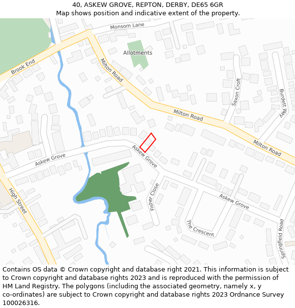 40, ASKEW GROVE, REPTON, DERBY, DE65 6GR: Location map and indicative extent of plot