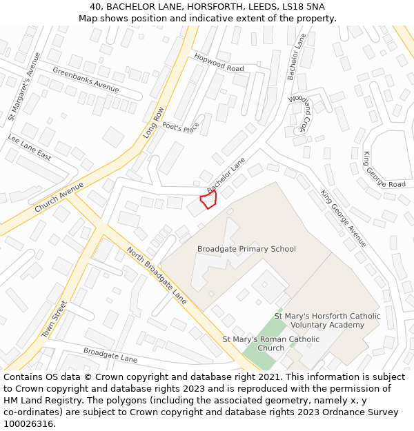 40, BACHELOR LANE, HORSFORTH, LEEDS, LS18 5NA: Location map and indicative extent of plot