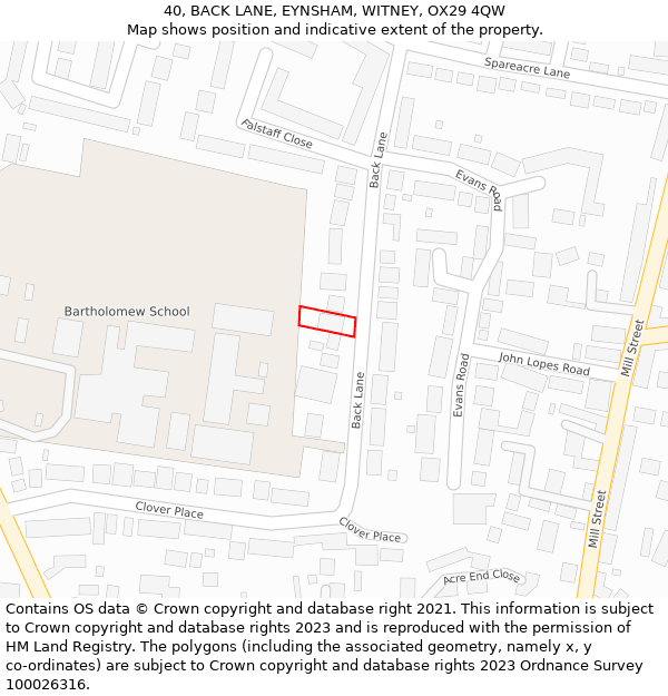 40, BACK LANE, EYNSHAM, WITNEY, OX29 4QW: Location map and indicative extent of plot