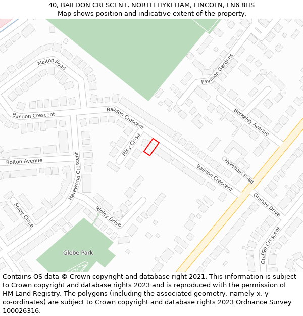 40, BAILDON CRESCENT, NORTH HYKEHAM, LINCOLN, LN6 8HS: Location map and indicative extent of plot